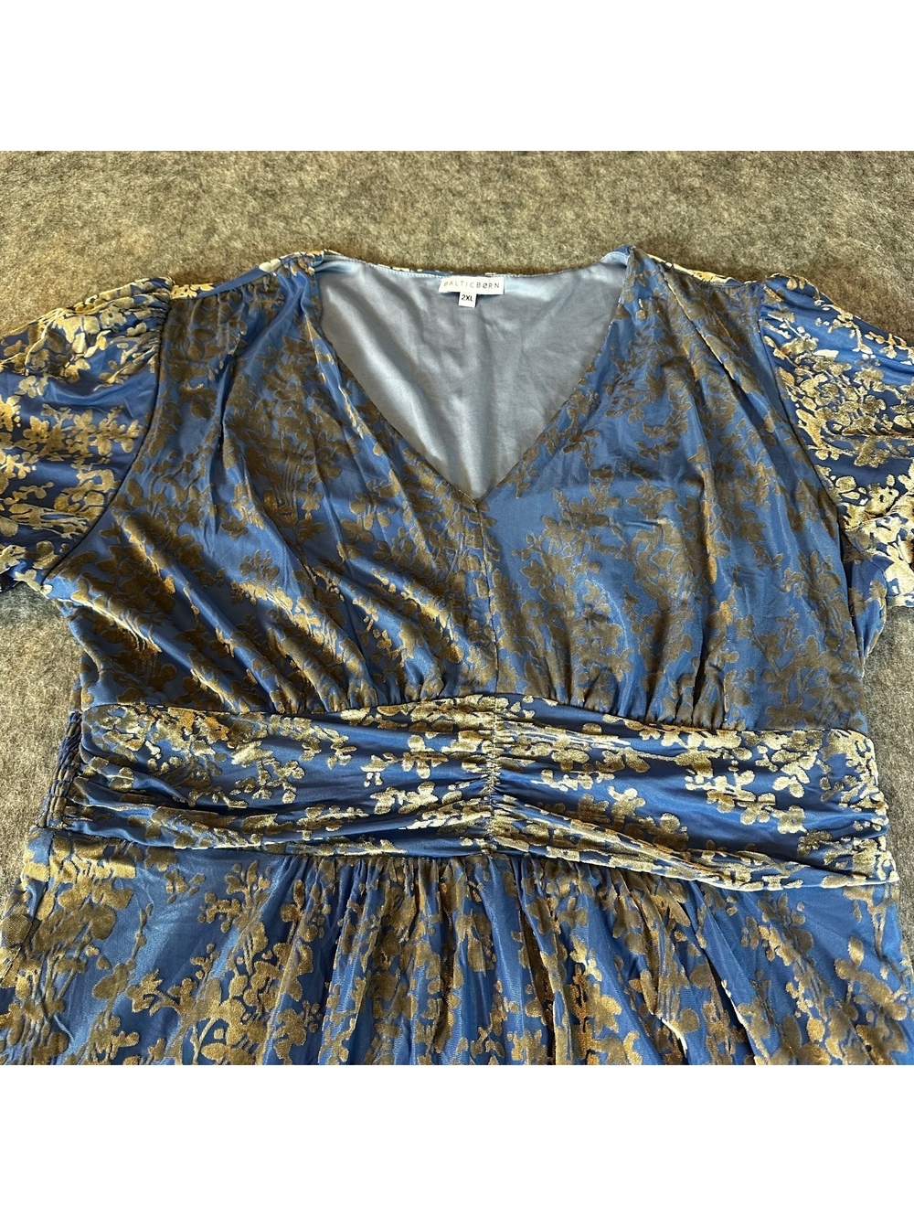 Baltic Born Blue and Gold Floral Puff Sleeve Velvet Gown/Dress 2XL